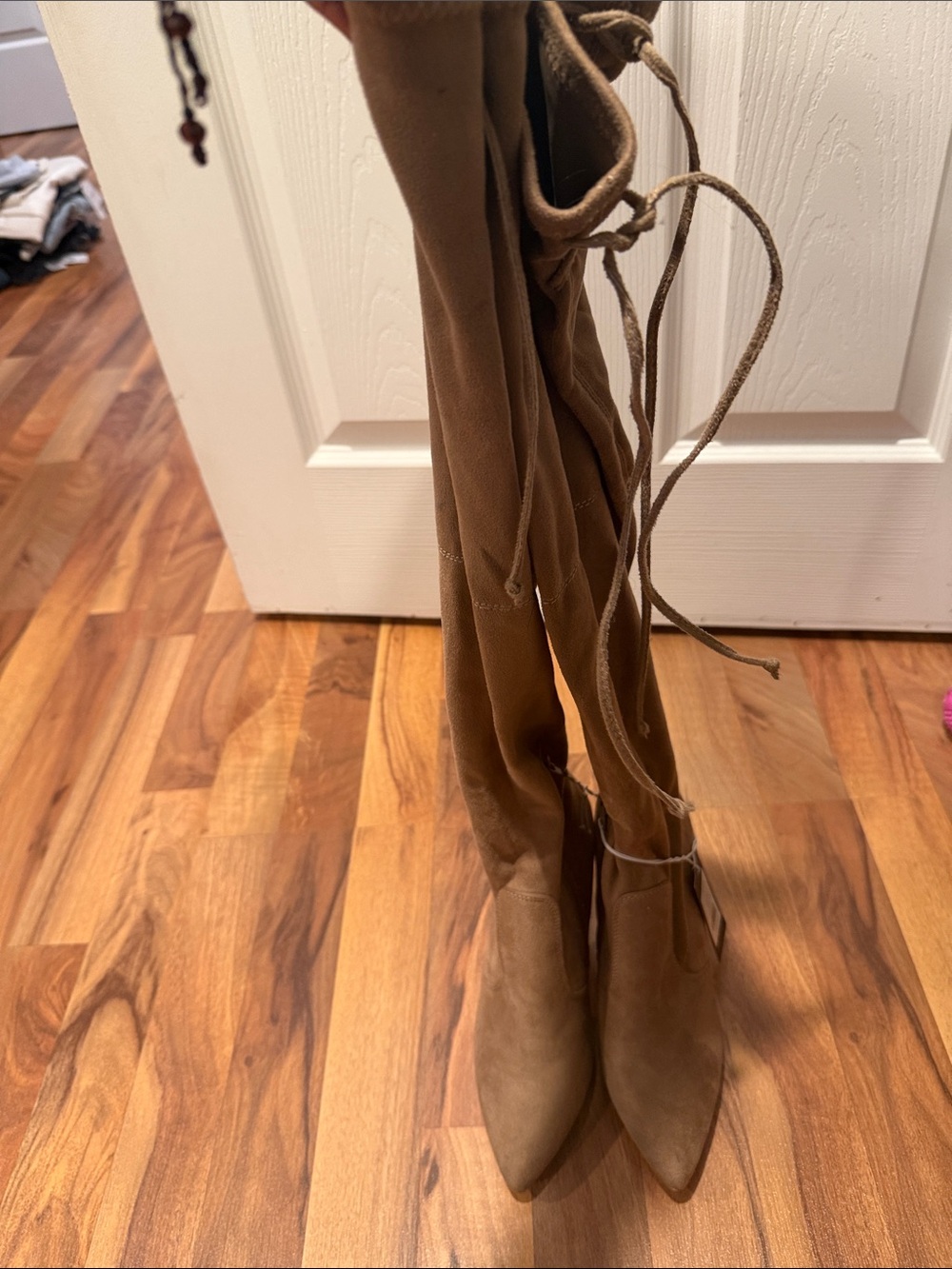 French Connection Tall Pointed-Toe Over-the-Knee Boots in Tan Suede
